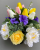 Cemetery pot with yellow tulips and white peonies