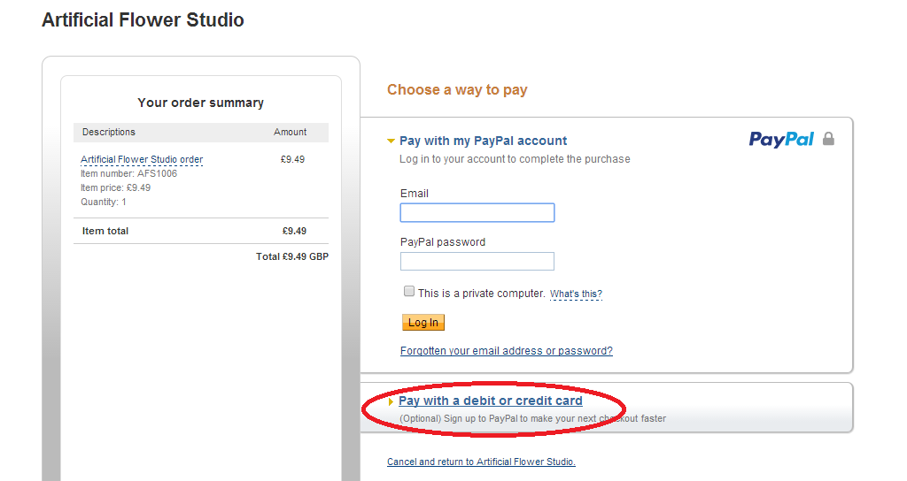 Pay by Debit or Credit Card without signing for Paypal