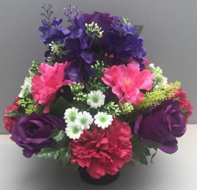 Pot for memorial vase with purple roses pink carnations