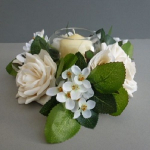 Candle ring with artificial ivory roses & blossom