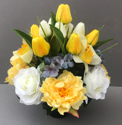 Cemetery pot with white and yellow tulips