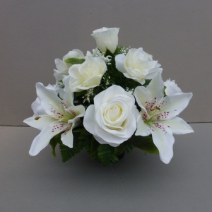 Pot for memorial vase with artificial white lilies & roses