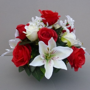 Artificial Flower grave pot with red roses and ivory lillies