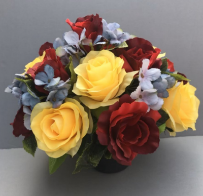 Artificial Flower grave pot with red/yellow roses blue hydrangeas