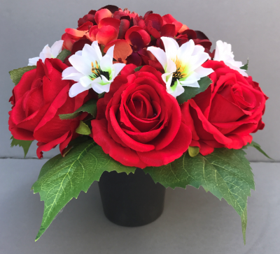 Artificial Flower grave pot with red hydrangeas and roses