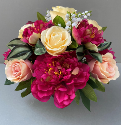 Cemetery pot with artificial magenta peonies and yellow roses