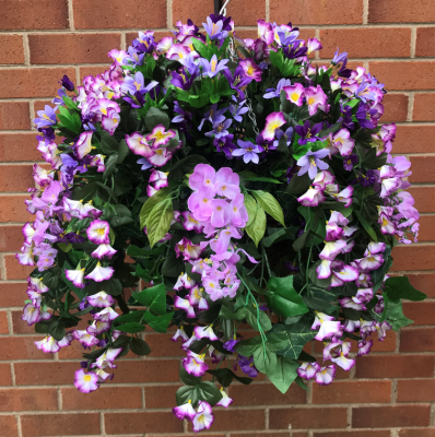 Hanging Basket with Artificial Magenta/White Morning Glory -G20
