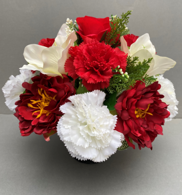 Pot for memorial vase with artificial roses, carnations & calla lilies