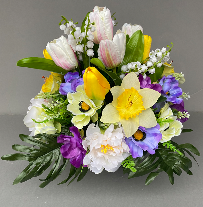 Cemetery pot with blue and cream anemonies Artificial Flower Studio