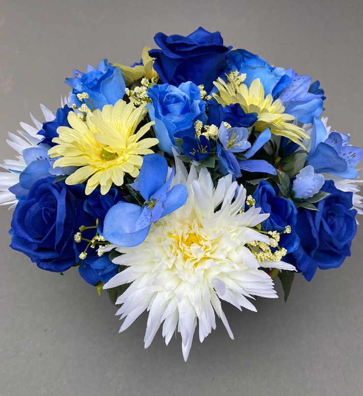Pot for memorial vase with artificial blue roses and white