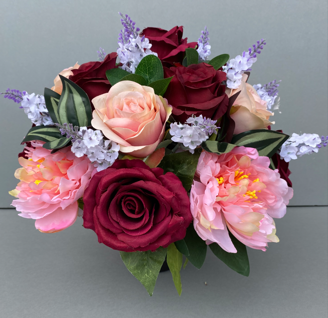 Artificial Flower grave pot with burgundy roses pink peonies