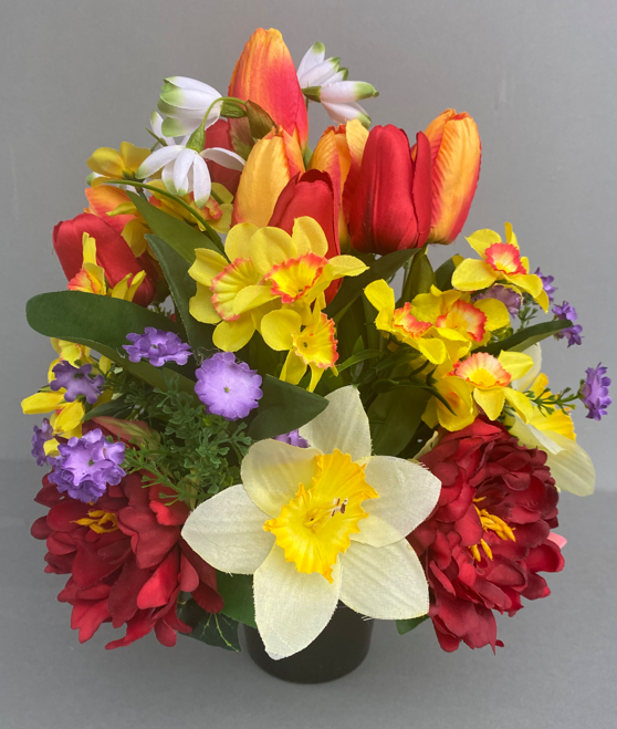 Artificial Flower grave pot with yellow daffodils and orange tulips