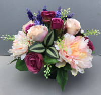 Artificial Flower grave pot with dark pink roses peach peonies