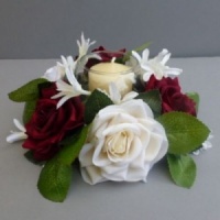 Candle ring with artificial dark red & ivory roses