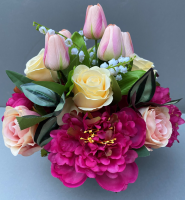 Cemetery pot with artificial magenta peonies and tulips
