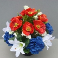 Pot for memorial vase with artificial red poppies & white carnations