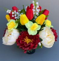Cemetery pot with red & yellow tulips