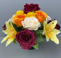 Cemetery pot with yellow lilies and orange roses