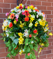 Hanging basket with artificial yellow petunias L15